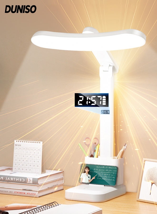 DUNISO Rechargeable Desk Lamp with Touch switch,Foldable Bedside Lamp ,with Phone Holder and Pen Organizer,3 Color Modes Dimmable,Led Time Display,for Office and Home - Image 1