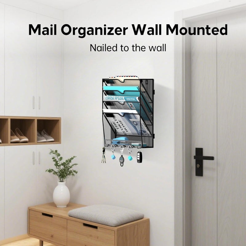 JMHUD 5 Tier Wall File Organizer - Hanging File Organizer with 5 Hooks, Mail Holder Wall Mounted for Papers, Folders, Magazines, Bills, Office&School Organization, Black - Image 4