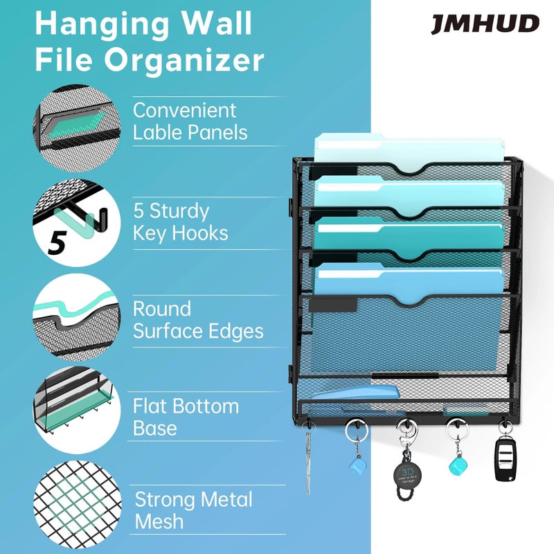 JMHUD 5 Tier Wall File Organizer - Hanging File Organizer with 5 Hooks, Mail Holder Wall Mounted for Papers, Folders, Magazines, Bills, Office&School Organization, Black - Image 2