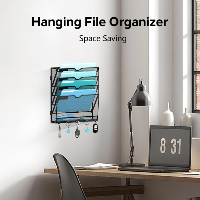 JMHUD 5 Tier Wall File Organizer - Hanging File Organizer with 5 Hooks, Mail Holder Wall Mounted for Papers, Folders, Magazines, Bills, Office&School Organization, Black - Image 5