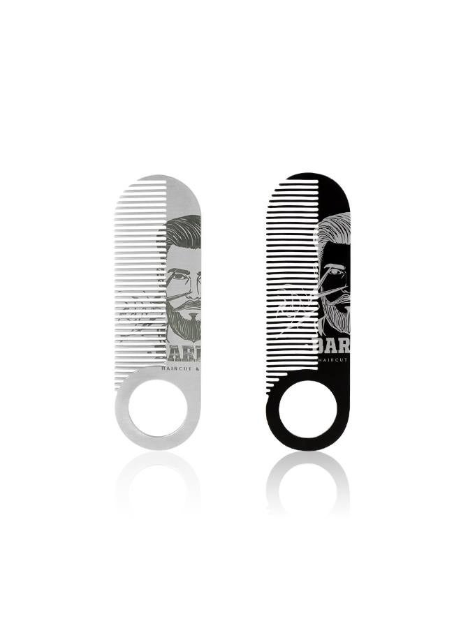 مشط تصفيف لحية للرجال، قطعتان - مشط لحية محمول للرجال - مشط لحية من الفولاذ المقاوم للصدأ - للحية والشارب والشعر - للسفر والاستخدام اليومي - أسود/فضي - Image 2