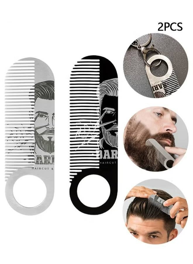 مشط تصفيف لحية للرجال، قطعتان - مشط لحية محمول للرجال - مشط لحية من الفولاذ المقاوم للصدأ - للحية والشارب والشعر - للسفر والاستخدام اليومي - أسود/فضي - Image 1