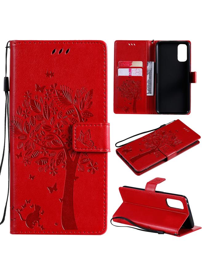 اس-توب جراب لهاتف OPPO Reno4، جراب من جلد البولي يوريثان قلاب أفقي بنقشة شجرة وقط، مع حامل وفتحات للبطاقات ومحفظة وحبل تعليق - Image 1