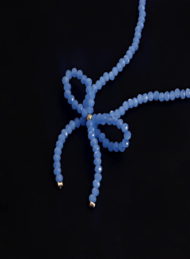 WLL Boho Beaded Choker Necklace Gold-Tone Bow Ribbon Chain Necklace Vintage Crystal Bowknot Necklace Wedding Jewelry for Women(blue) - Image 3