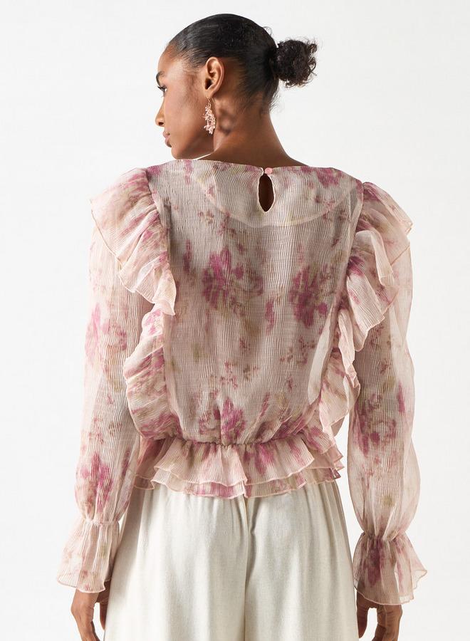 تواكستريمز بلوزة بطبعات شاملة بياقة على شكل  وتفاصيل كشكشة - Image 3