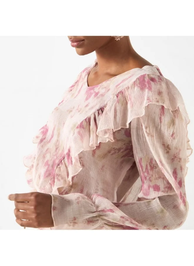 2Xtremz 2Xtremz All-Over Print Top with V-neck and Ruffle Detail