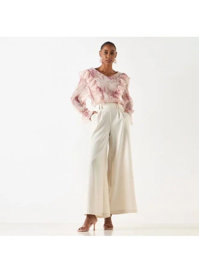2Xtremz 2Xtremz All-Over Print Top with V-neck and Ruffle Detail