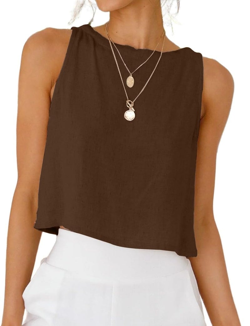 IDEALSANXUN Linen Tank Top for Women 2026 Spring Summer Beach High Neck Cute Y2k Petite Cropped Sleeveless Shirts Blouses Crop Cotton Linen Tops, Coffee, L - Image 1