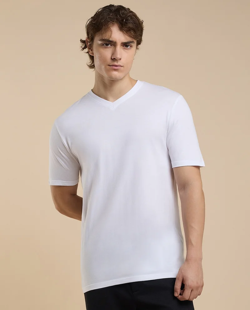 أر أند بي Solid T-Shirt with V-Neck and Short Sleeves