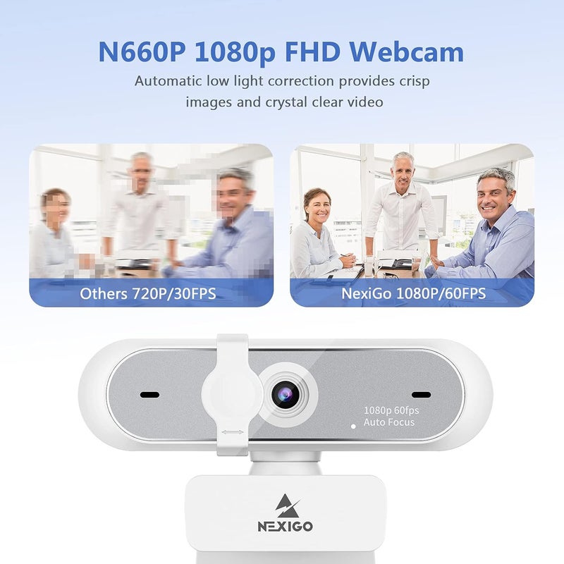 NEXIGO كاميرا ويب N660P 1080P 60FPS مع تحكم بالبرمجيات، ميكروفون مزدوج وغطاء، تركيز تلقائي، كاميرا ويب USB عالية الدقة للكمبيوتر، لـ OBS/Zoom/Skype/FaceTime/Teams/Twitch، أبيض - Image 2