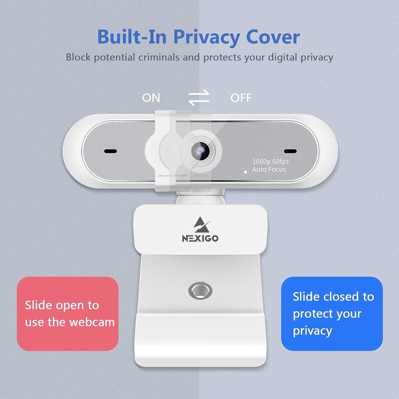 NEXIGO كاميرا ويب N660P 1080P 60FPS مع تحكم بالبرمجيات، ميكروفون مزدوج وغطاء، تركيز تلقائي، كاميرا ويب USB عالية الدقة للكمبيوتر، لـ OBS/Zoom/Skype/FaceTime/Teams/Twitch، أبيض - Image 5