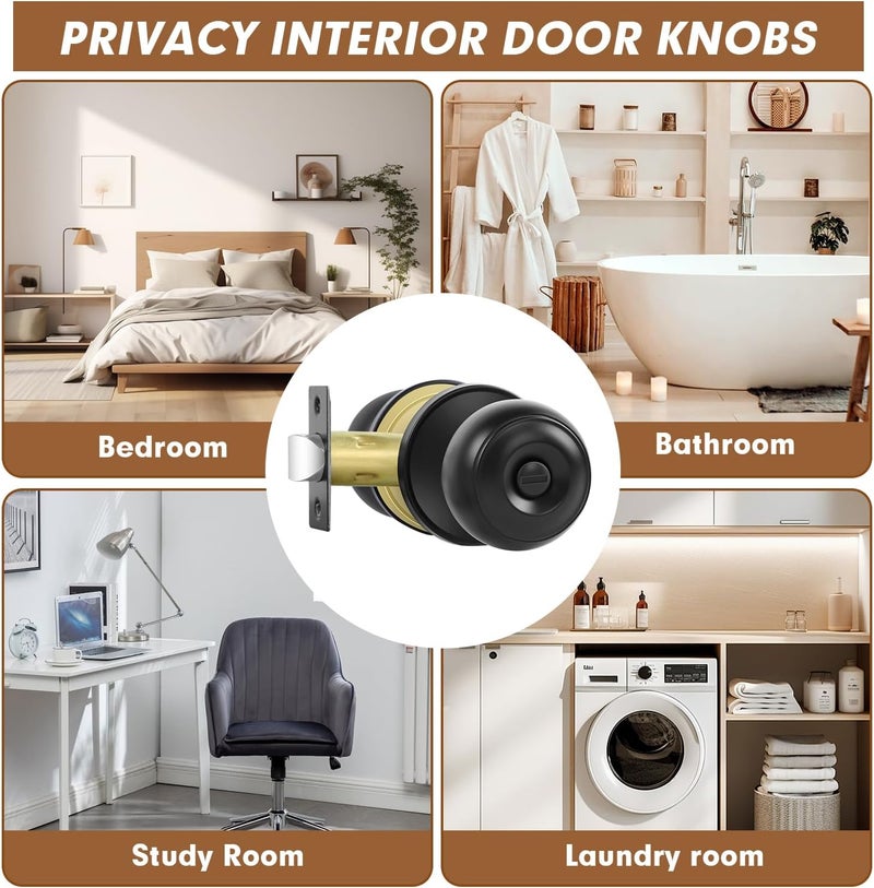 RAZCC Privacy Door Knobs, 2 Pack Matte Black Door Knobs with Lock, Bed and Bath Door Knob Interior Keyless Locksets, Round Door Handles Reversible for Left Right Handed Doors - Image 3
