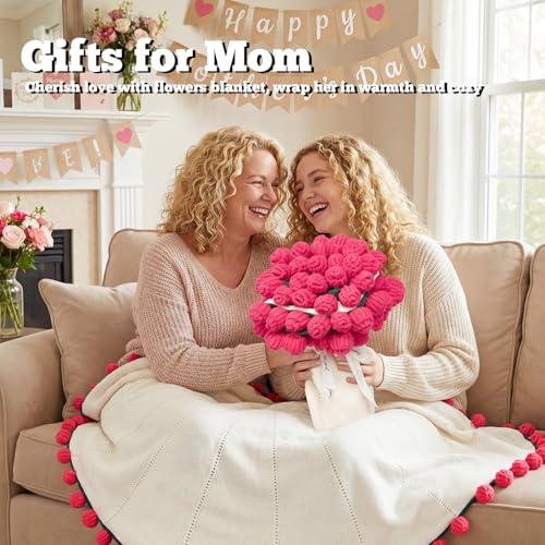 LOKOZ Rose Crochet Flowers Bouquet Blanket - Birthday Valentines for Girlfriend Wife, Galentines Mothers Day Birthday Gifts for Women Mom Her Friend Sister, Romantic for Wedding Home Decor 63 Inches - Image 2