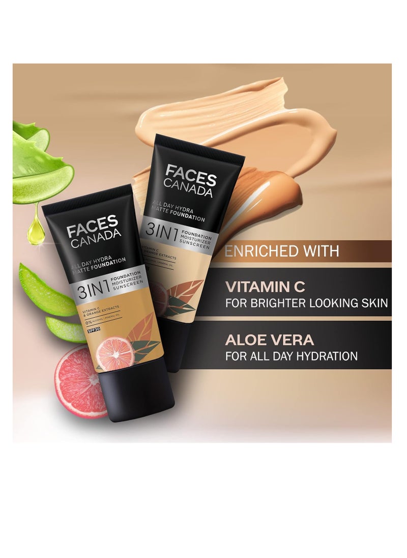 Faces Canada - FACESCANADA All Day Hydra Matte Foundation 3 In 1 Foundation  Moisturizer Cream  Spf 30  24 Hr Aloe Hydration and Vitamin C 10Hr Long Wear Medium To High Buildable Coverage  Absolute Ivory 25Ml - Image 1