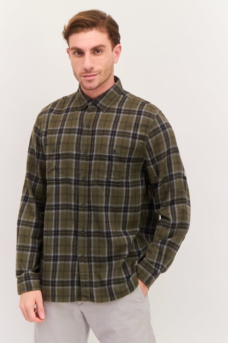 TRUE GRIT Men Regular Fit Plaid Long Sleeves Casual Shirt, Green - Image 1