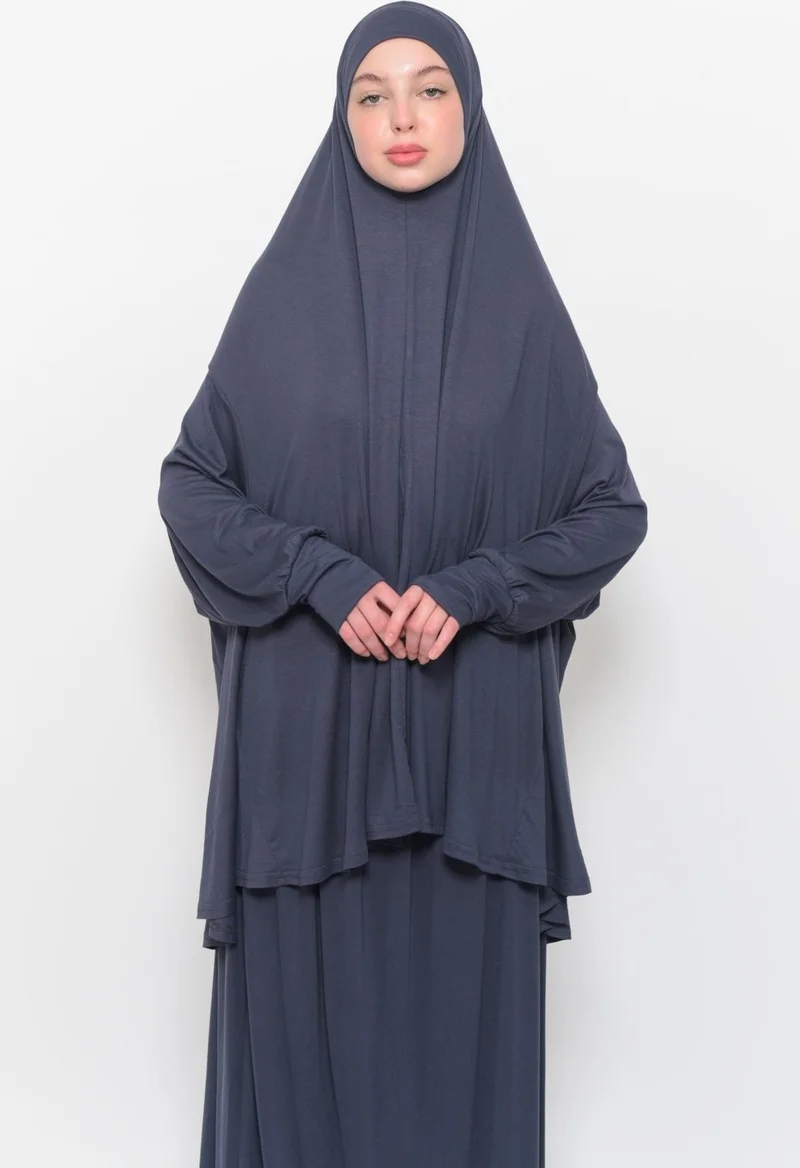 Altobeh Practical Two Piece Cotton Bat Sleeve Headscarf Organic Hijab Prayer Dress-Smoke