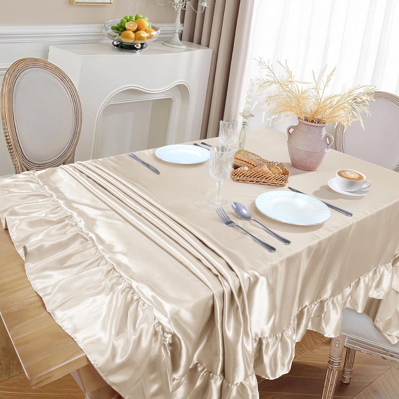 Ersmak Satin Ruffle Edge Tablecloth - Beige Satin Table Cover 52 x 70 Inch Rectangle Bright Silk Table Cloth for Weddings, Banquets, or Home Dining - Image 2