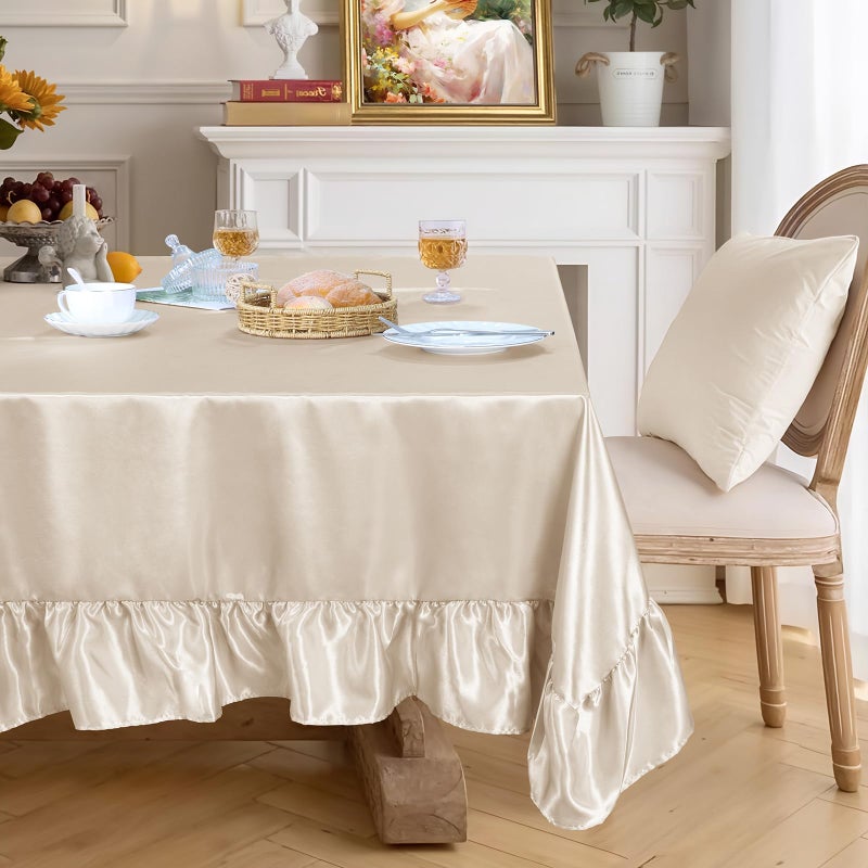 Ersmak Satin Ruffle Edge Tablecloth - Beige Satin Table Cover 52 x 70 Inch Rectangle Bright Silk Table Cloth for Weddings, Banquets, or Home Dining - Image 1