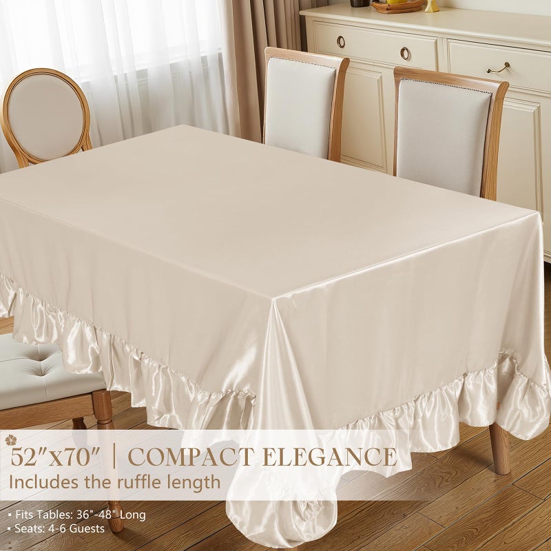 Ersmak Satin Ruffle Edge Tablecloth - Beige Satin Table Cover 52 x 70 Inch Rectangle Bright Silk Table Cloth for Weddings, Banquets, or Home Dining - Image 4