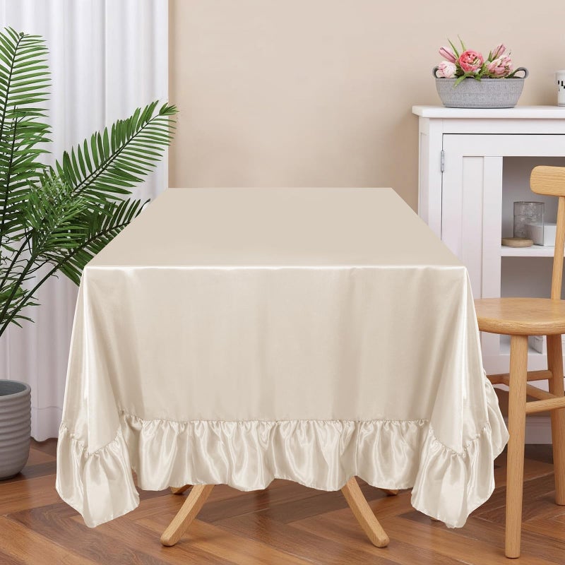 Ersmak Satin Ruffle Edge Tablecloth - Beige Satin Table Cover 52 x 70 Inch Rectangle Bright Silk Table Cloth for Weddings, Banquets, or Home Dining - Image 3