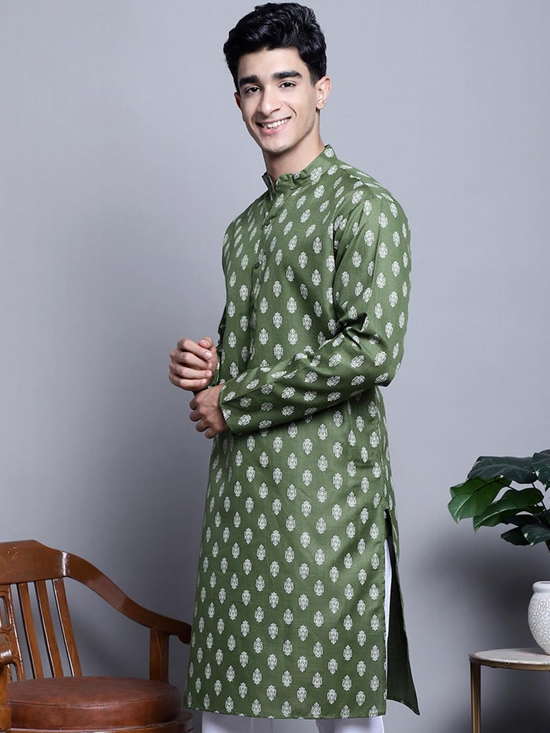 Jompers Men's Cotton Floral Printed Kurtas (Olive, L) - Image 3