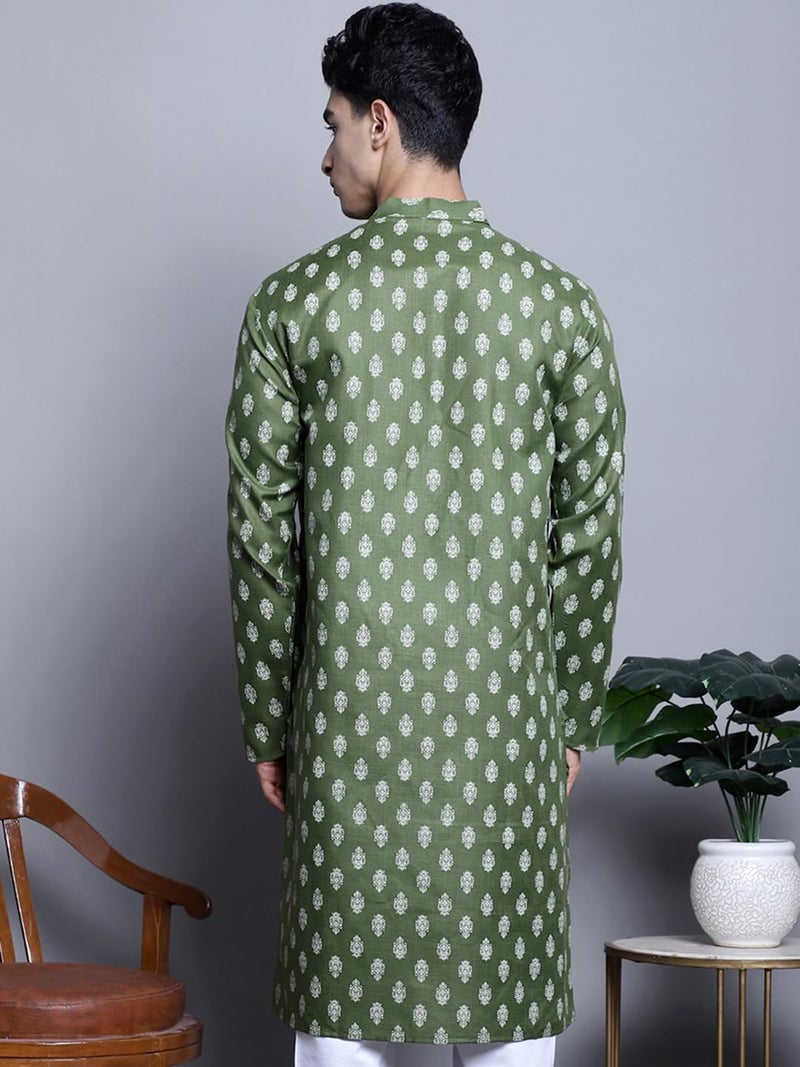 Jompers Men's Cotton Floral Printed Kurtas (Olive, L) - Image 2