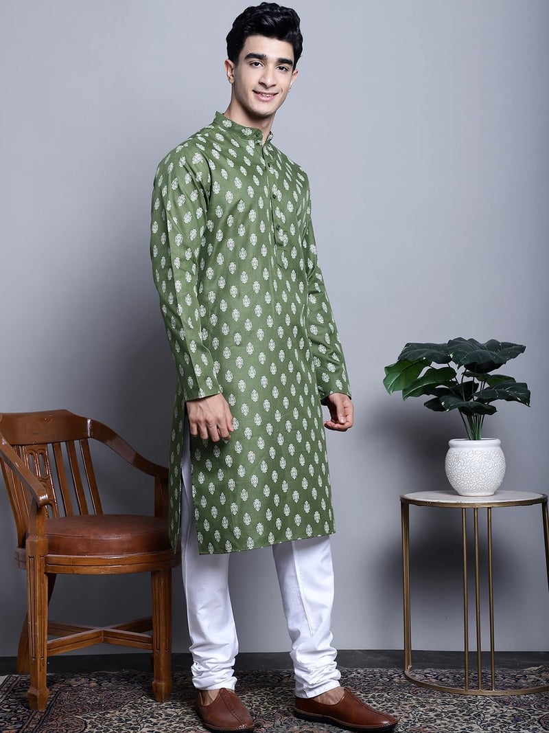 Jompers Men's Cotton Floral Printed Kurtas (Olive, L) - Image 4