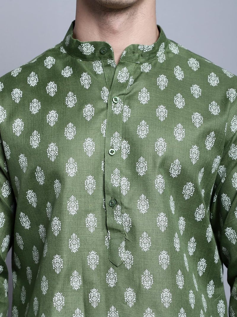 Jompers Men's Cotton Floral Printed Kurtas (Olive, L) - Image 5