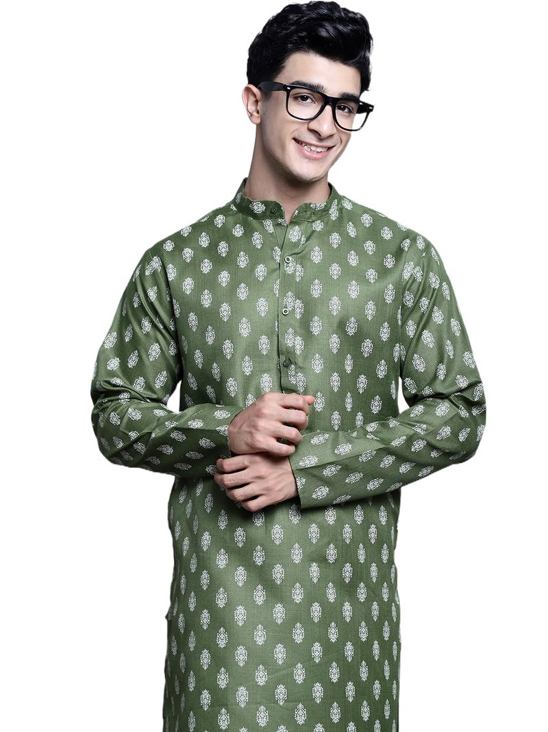 Jompers Men's Cotton Floral Printed Kurtas (Olive, L) - Image 1