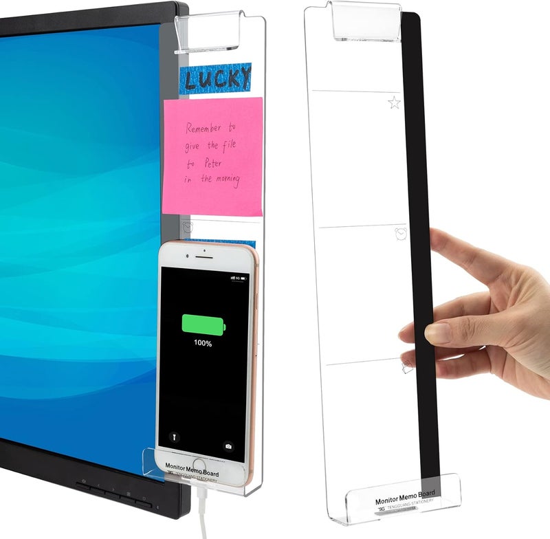 MDOZQ ملحقات مكتبية للطاولة: لوح تذكير للشاشة (قطعتان)، لوح رسائل متعدد الوظائف، لوح جانبي شفاف وإبداعي للشاشة مع حامل ملاحظات لاصقة وحامل هاتف، مناسب لمكتب العمل والمنزل - Image 1