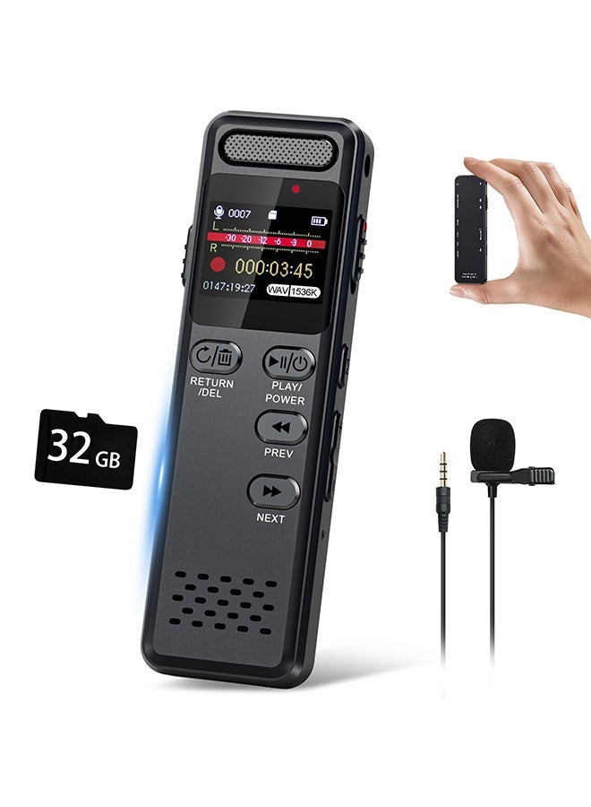 شو وو مسجل صوت رقمي بسعة 64 جيجابايت مع خاصية التشغيل، جهاز تسجيل صوتي صغير بسعة 1100 مللي أمبير/ساعة لمقابلات المحاضرات، مسجل صوتي نشط بسرعة 1536 كيلوبت/ثانية مع خاصية تقليل الضوضاء، كلمة مرور، ميكروفون خارجي - Image 1