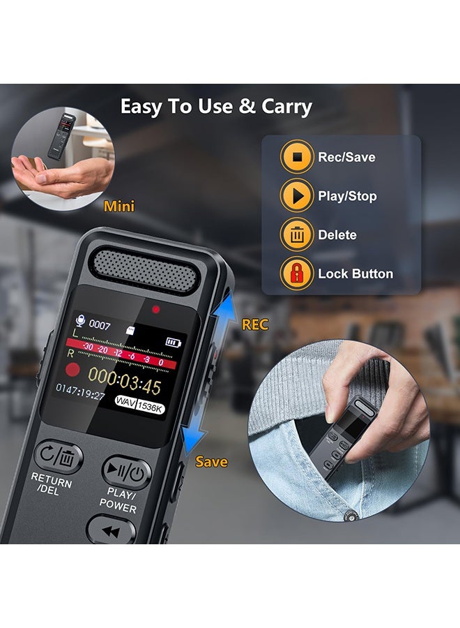 شو وو مسجل صوت رقمي بسعة 64 جيجابايت مع خاصية التشغيل، جهاز تسجيل صوتي صغير بسعة 1100 مللي أمبير/ساعة لمقابلات المحاضرات، مسجل صوتي نشط بسرعة 1536 كيلوبت/ثانية مع خاصية تقليل الضوضاء، كلمة مرور، ميكروفون خارجي - Image 2