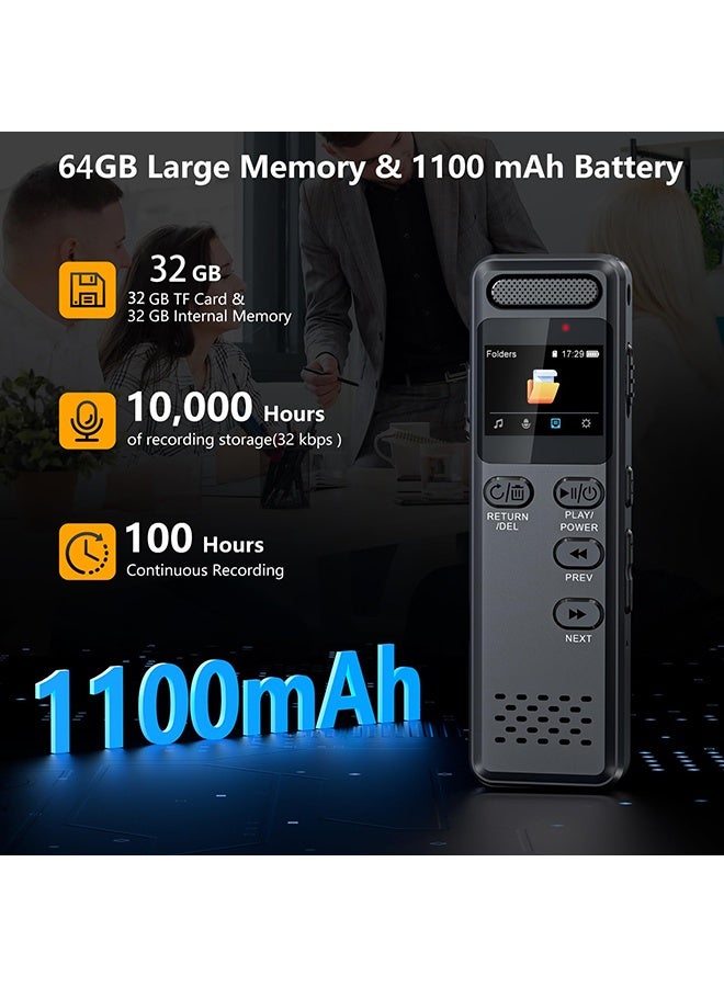 شو وو مسجل صوت رقمي بسعة 64 جيجابايت مع خاصية التشغيل، جهاز تسجيل صوتي صغير بسعة 1100 مللي أمبير/ساعة لمقابلات المحاضرات، مسجل صوتي نشط بسرعة 1536 كيلوبت/ثانية مع خاصية تقليل الضوضاء، كلمة مرور، ميكروفون خارجي - Image 3