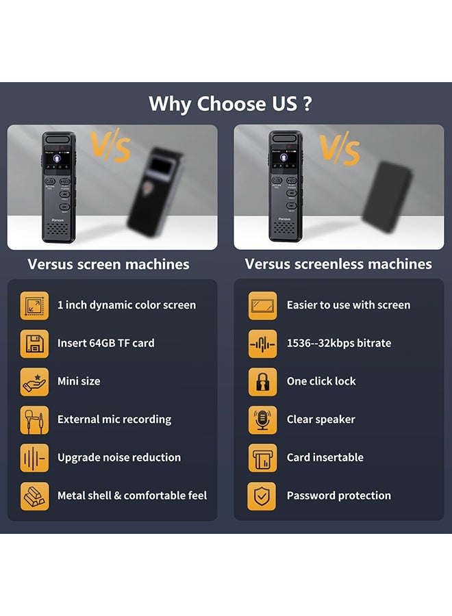 شو وو مسجل صوت رقمي بسعة 64 جيجابايت مع خاصية التشغيل، جهاز تسجيل صوتي صغير بسعة 1100 مللي أمبير/ساعة لمقابلات المحاضرات، مسجل صوتي نشط بسرعة 1536 كيلوبت/ثانية مع خاصية تقليل الضوضاء، كلمة مرور، ميكروفون خارجي - Image 4