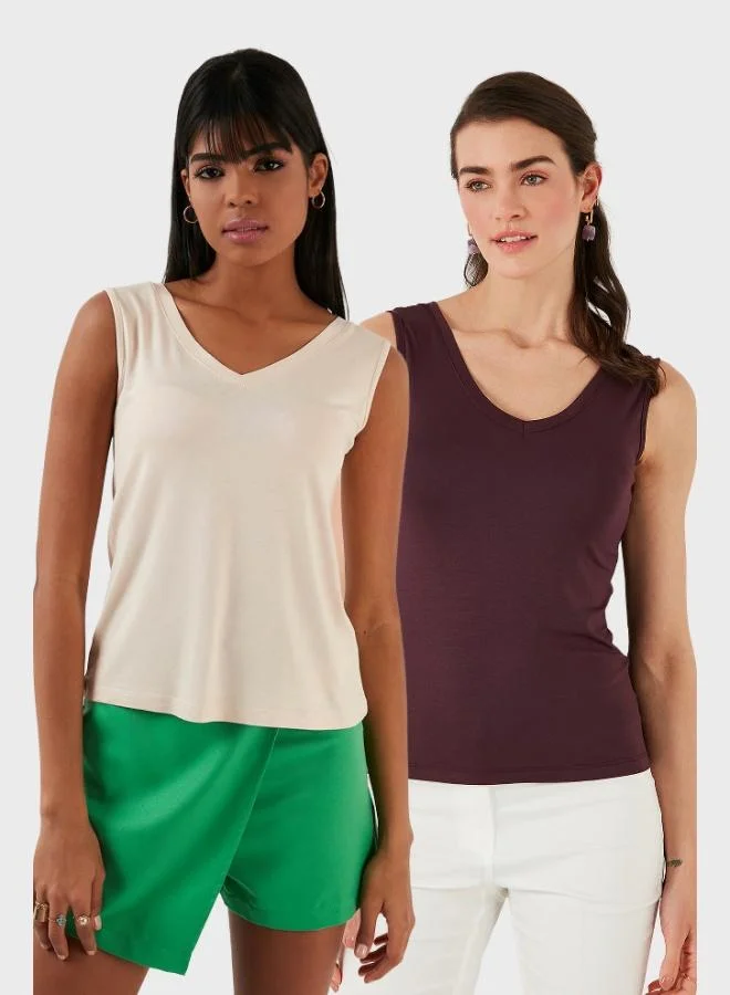 Lela Lela Slim Fit V-Neck Thick Strap 2-Pack Blouse Women's Blouse 5864384S2