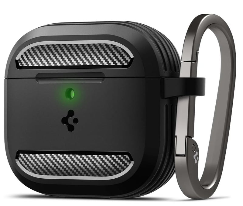 Spigen غطاء واقي من الصدمات لساعة AirPods 4 - ماتي أسود مع قفل من الكاربينر و تفاصيل من الألياف الكربونية (2024) - Image 1