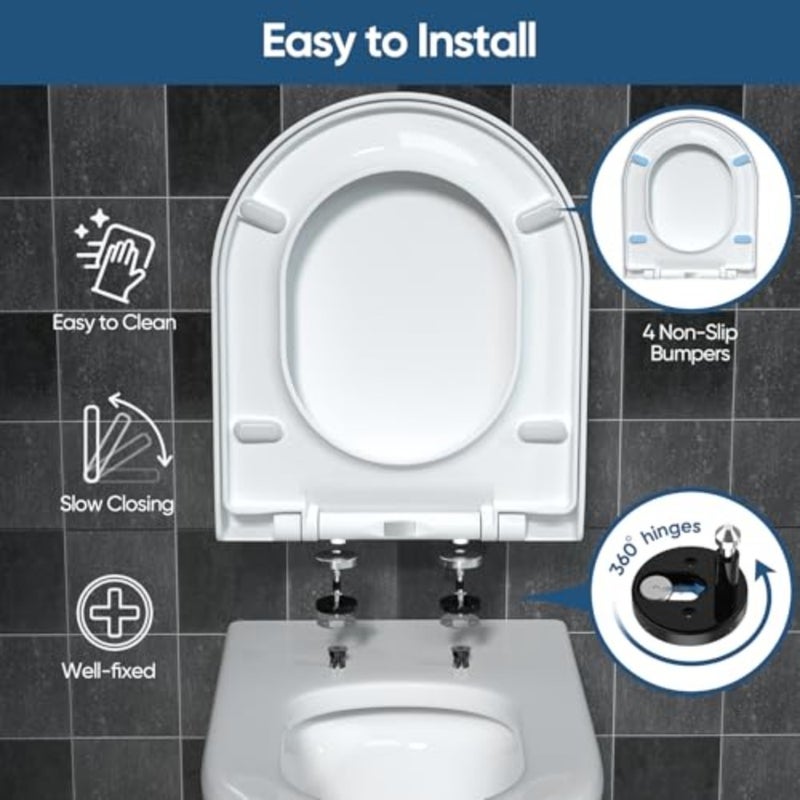 Soft Close Toilet Seat, Toilet Seats with Quick Release, Simple Top Fixing, Sturdy Anti-Bacterial Toilet Seats with Stainless Adjustable Stainless Hinges, D/U Shape White Toilet Lid Loo Seat - Image 5