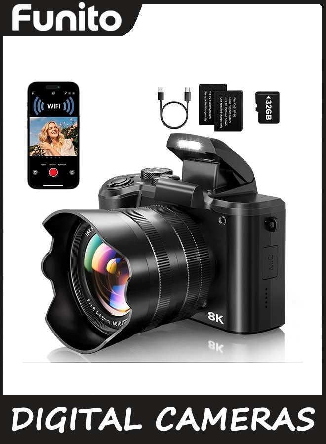 Funito 8K Digital Cameras for Photography - Autofocus 88MP WiFi Vlogging Camera for social media with Dual-Lens - 16X Digital Zoom Vlog Camera with Lens Hood, Flash, Touch Screen, 2 Batteries, 32GB TF Card - Image 1