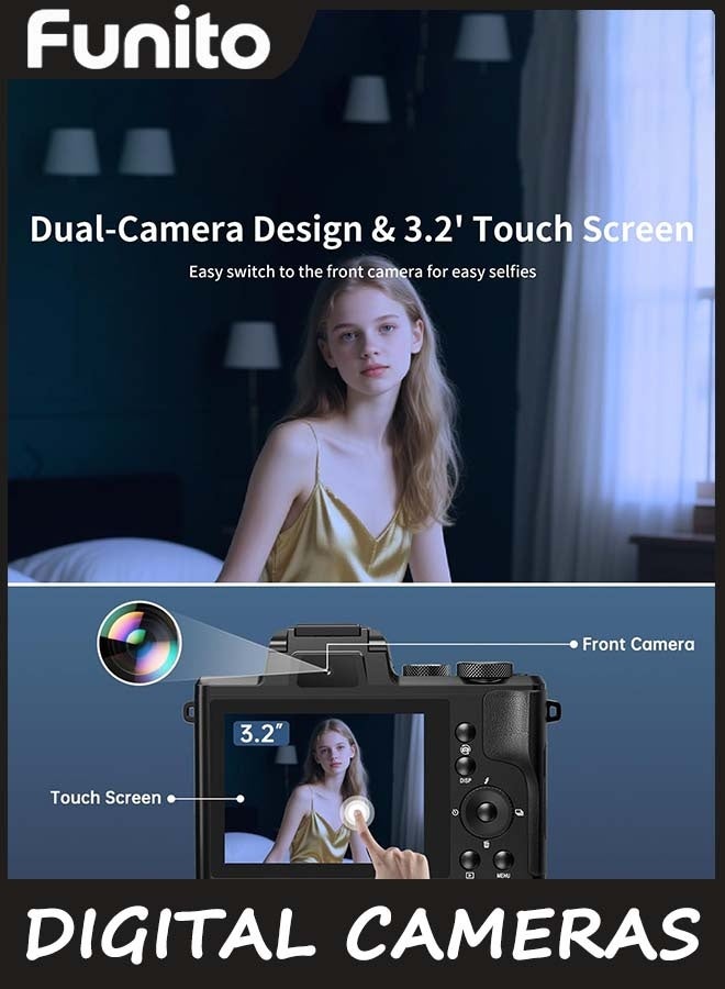 Funito 8K Digital Cameras for Photography - Autofocus 88MP WiFi Vlogging Camera for social media with Dual-Lens - 16X Digital Zoom Vlog Camera with Lens Hood, Flash, Touch Screen, 2 Batteries, 32GB TF Card - Image 5