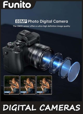8K Digital Cameras for Photography - Autofocus 88MP WiFi Vlogging Camera for social media with Dual-Lens - 16X Digital Zoom Vlog Camera with Lens Hood, Flash, Touch Screen, 2 Batteries, 32GB TF Card - view 2