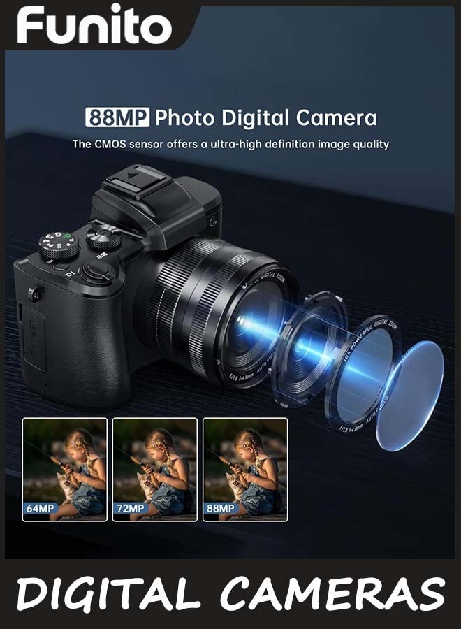 Funito 8K Digital Cameras for Photography - Autofocus 88MP WiFi Vlogging Camera for social media with Dual-Lens - 16X Digital Zoom Vlog Camera with Lens Hood, Flash, Touch Screen, 2 Batteries, 32GB TF Card - Image 2