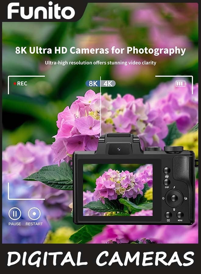 Funito 8K Digital Cameras for Photography - Autofocus 88MP WiFi Vlogging Camera for social media with Dual-Lens - 16X Digital Zoom Vlog Camera with Lens Hood, Flash, Touch Screen, 2 Batteries, 32GB TF Card - Image 3