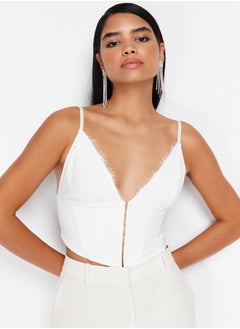 Bridal White Crop Lined Woven Agraphed Lace Bustier TPRAW23BS00045