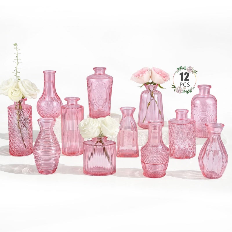 BEAHOT Pink Glass Vases in Bulk - 12 Pack Flower Bud Vases for Wedding Decorations, Glass Vase for Table Decorations, Small Vase for Baby Shower, Mother's Day, Centerpieces, Party, Home (Pink) - Image 1