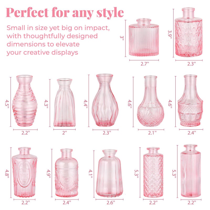 BEAHOT Pink Glass Vases in Bulk - 12 Pack Flower Bud Vases for Wedding Decorations, Glass Vase for Table Decorations, Small Vase for Baby Shower, Mother's Day, Centerpieces, Party, Home (Pink) - Image 2