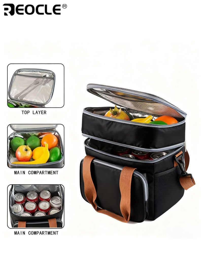 REOCLE 10L Insulated Lunch Bag with Expandable Double Deck Design Leakproof Cooler Tote with Side Tissue Pocket for Work School Outdoor Use For Work School Outdoor Picnic Use - Image 3