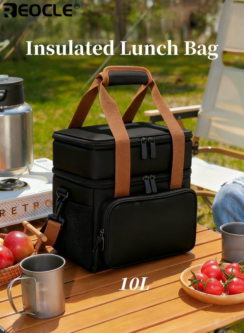 REOCLE 10L Insulated Lunch Bag with Expandable Double Deck Design Leakproof Cooler Tote with Side Tissue Pocket for Work School Outdoor Use For Work School Outdoor Picnic Use - Image 1