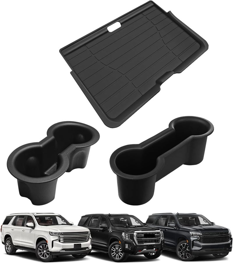 Muslogy منظم لوحة القيادة الأمامية وحامل أكواب من ، متوافق مع سيارات GMC Yukon وChevy Tahoe Suburban من طراز 2021-2024، يشمل حاملين للمشروبات من السيليكون في المقدمة والخلف، بالإضافة إلى غطاء قابل للإزالة للمنظم الأوسط. - Image 1