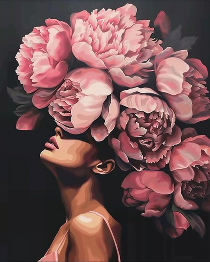 Tucocoo Fashion Head Painting by Numbers Pink Flower Abstract Drawing Nordic Wall Decoration Oil Paint by Numbers Beautiful Woman Head Flower Paint by Numbers for Adults Without Frame-16''Wx20â€˜â€™H - Image 1