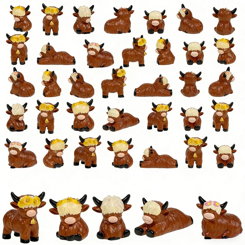 Exasinine 25 Pcs Mini Highland Cow Figurines 5 Style Mini Cow Figurines Miniature Resin Sculpture Ornament for Cake Decorations Garden Micro Landscape Party Tabletop Decor - Image 1
